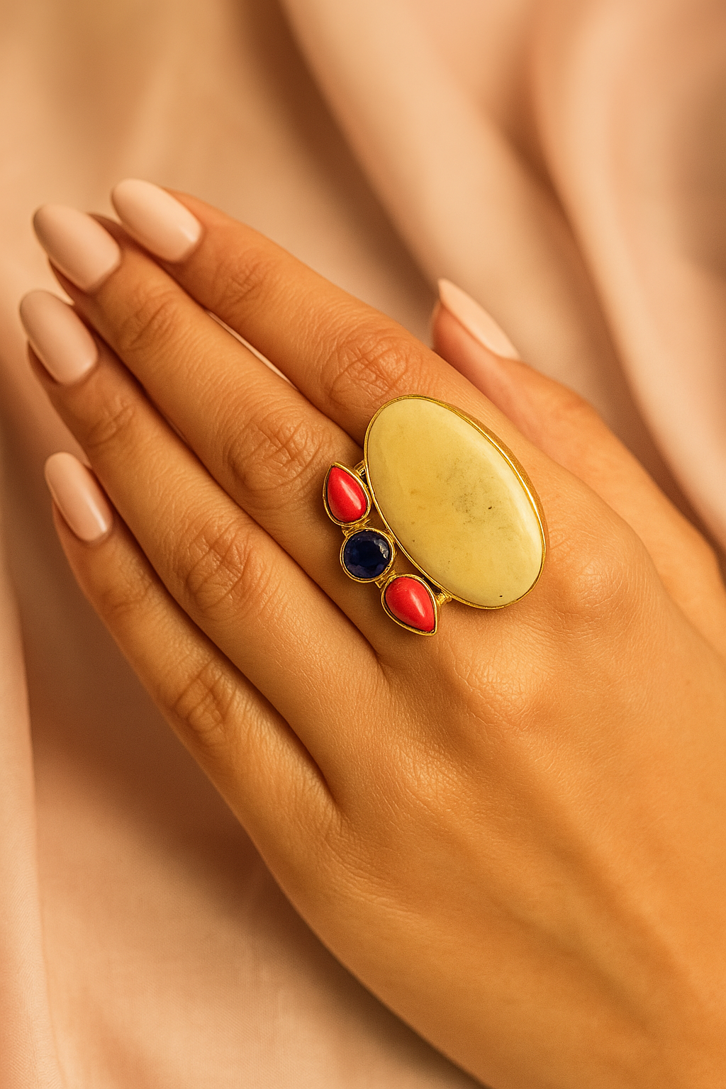 Multicolor Stone Adjustable Ring with Bold Oval Design